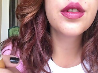 Sexy Brunette Babe Smoking 100 w Pink Lipstick and Fuzzy Hello Kitty Shirt