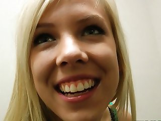 Busty young blonde teen gets fucked in mall dressing room, POV